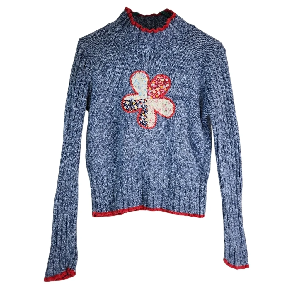 Knitty Gritty Girls Sweater Blue Mock Neck Medium Flower Patch Hippie Boho